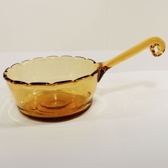 Vintage Amber Glass 5.5" Scalloped Edge Bowl With 4" Scroll Handle - Picture 3 of 9